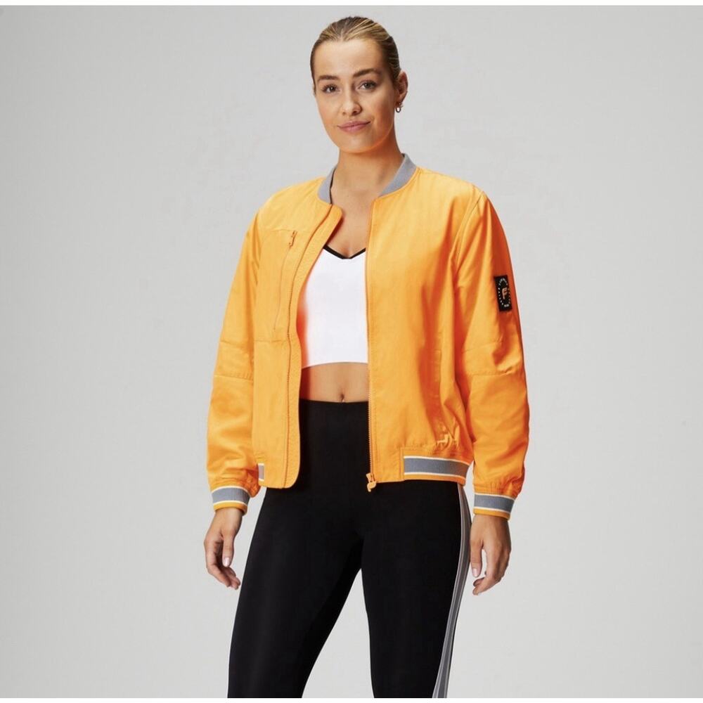Fabletics Women’s S Satin Bomber Jacket Orange Patch Full Zip Varsity Athleisure